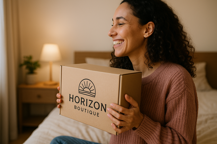 genere une image d'une cliente qui se trouve dans sa chambre en photo de profil et qui a un carton avec les écrit de notre boutique "Horizon boutique " en ayant cette reaction "Couldn't be happier with the service I received from this company." mais maisnjuste l'image ne m'écrit pas la reaction 
