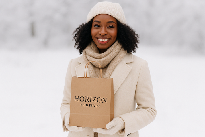 la meme chose que la dernière image seulement la c'est une femme noir qui pose pour la photo avec son paquet horizon boutique de notre boutique dans un blanc d'hiver
