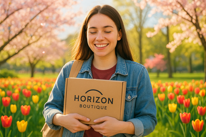 pareil a la dernière genere une étudiante au Quebec avec son colis reçu de notre boutique horizon boutique avec un fond lumineux de printemps 