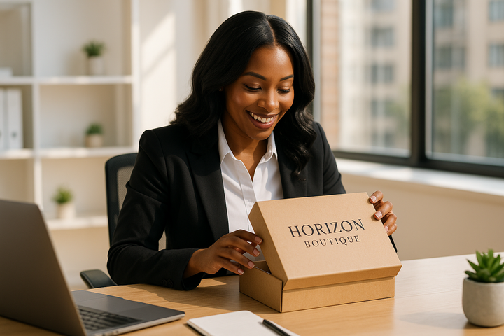 pareil a la dernière image mais cette fois uenfemme noir brillante dans son bureau qui reçoit un colis de notre boutique horizon boutique en milieu de journée