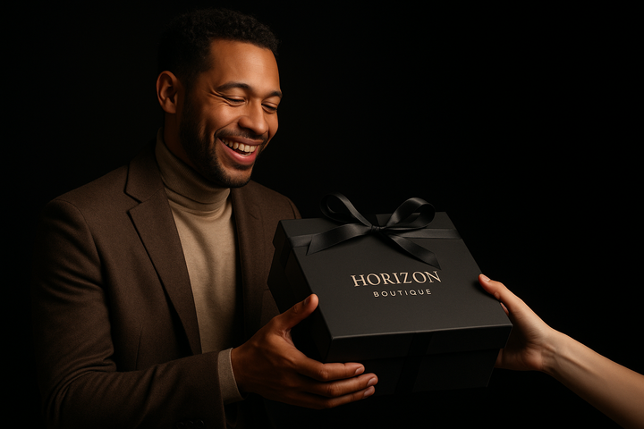 same thing with the last Image I just asked avec un fond noir mais un homme recevant un cadeau de ma boutique cette fois